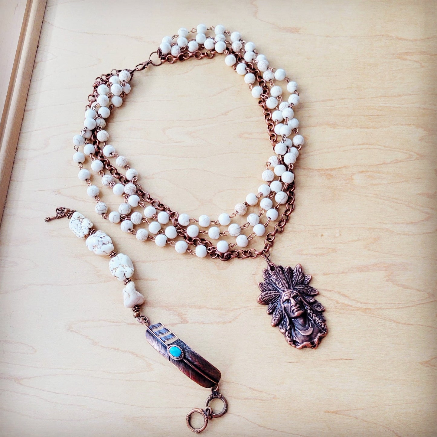 White Chunky Turquoise Beaded Bracelet on Copper Feather 810s