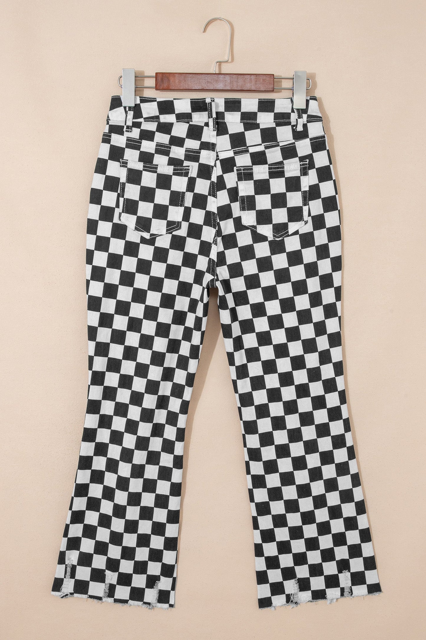 Checker Distressed Raw Edge Cropped Jeans