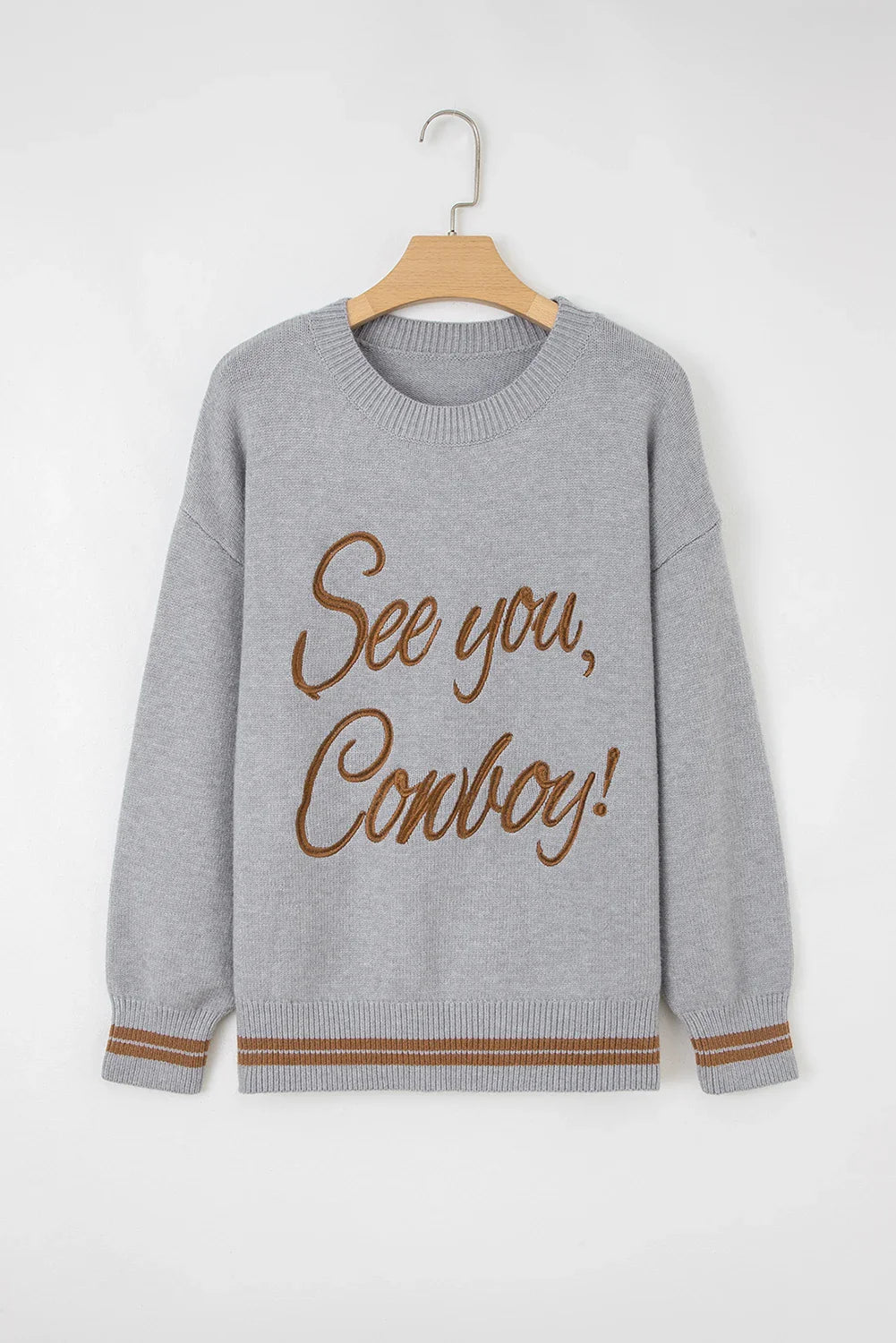 Western See You Cowboy Embroidered Stripe Cuff Sweater