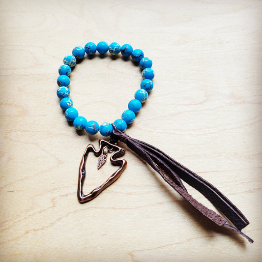 **Ocean Agate Beaded Bracelet w/ Leather Tassel and Arrowhead 810k