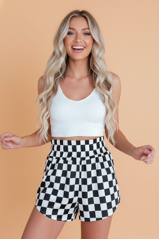 Checker High Waist Casual Shorts