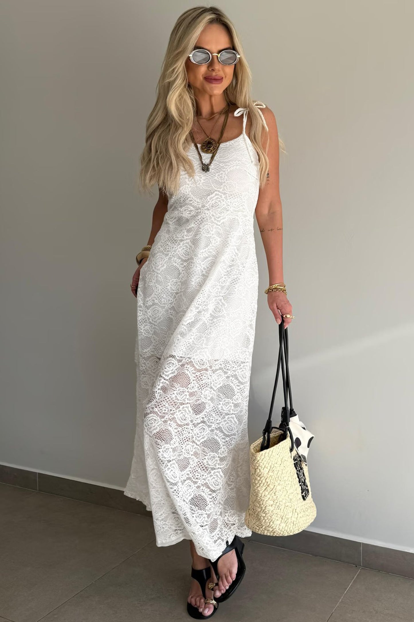 Floral Lace Tie Spaghetti Straps Maxi Dress