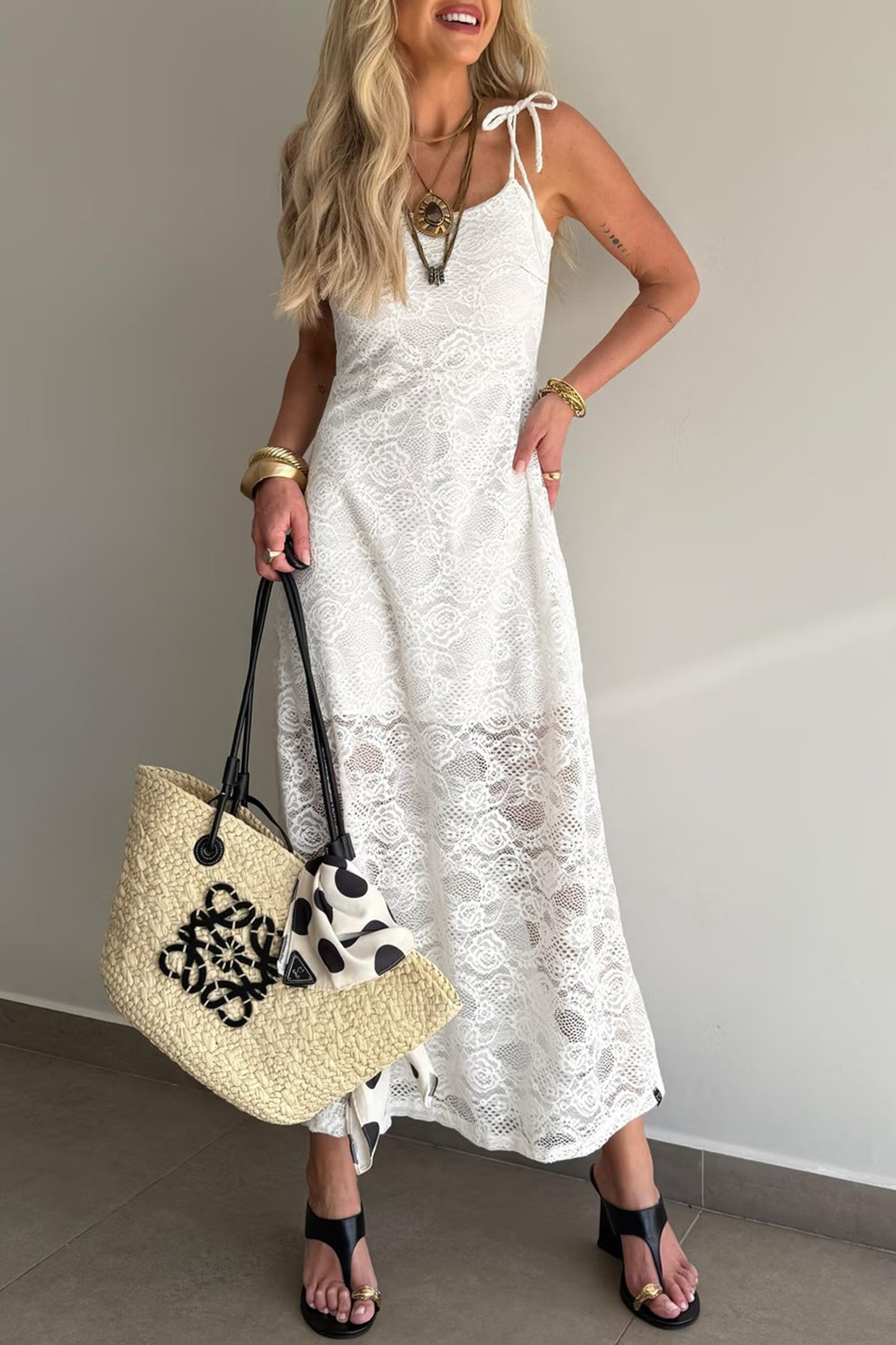 Floral Lace Tie Spaghetti Straps Maxi Dress